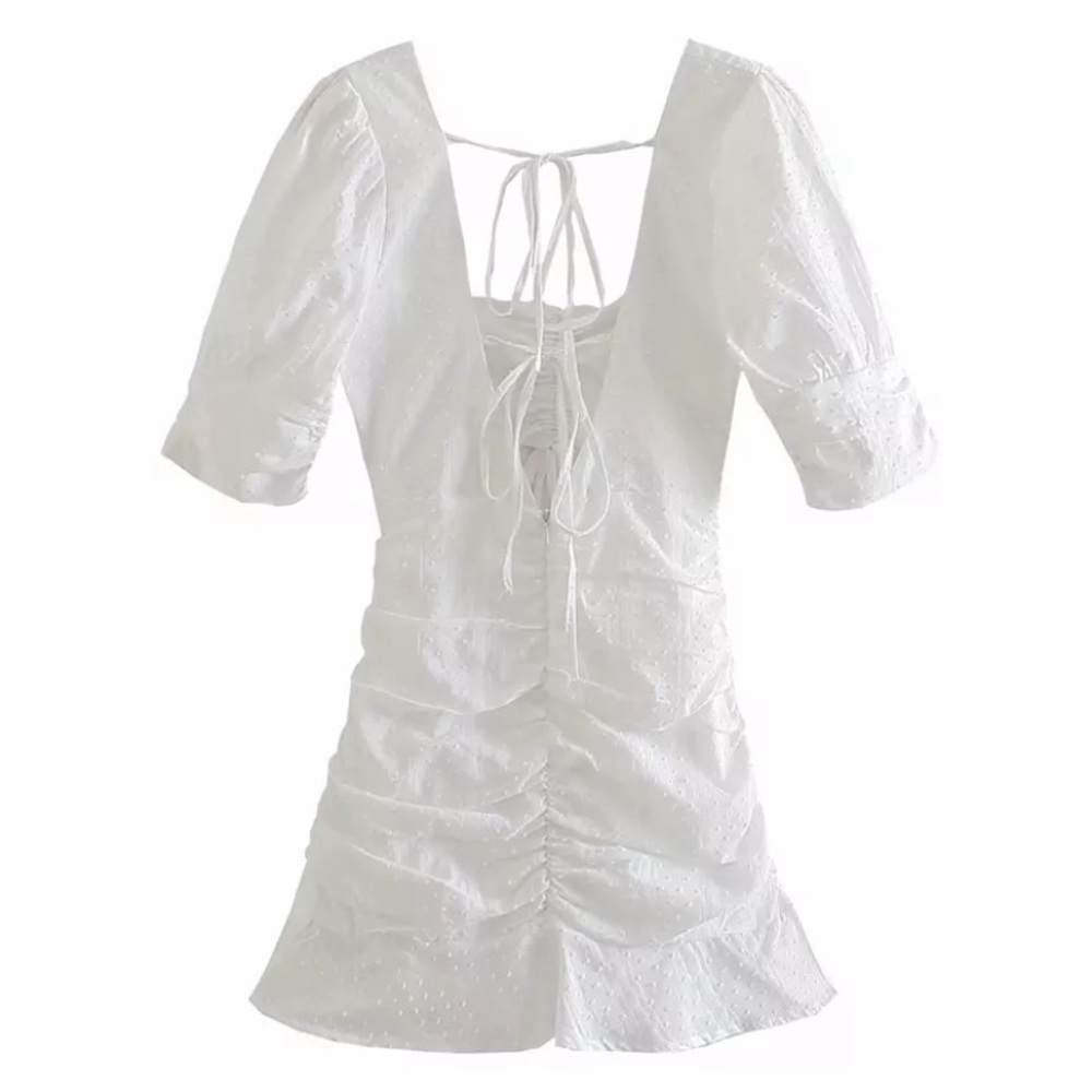 SOLD OUT CLEARANCE White Ruffled Swiss Dot Keyhole Mini Dress - Picture 6 of 10